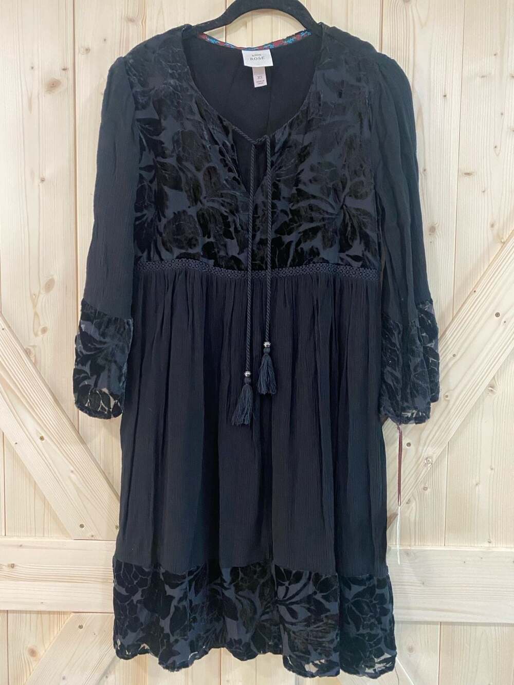Knox Rose Velvet Burnout Dress XS Black Boho Tassel Babydoll